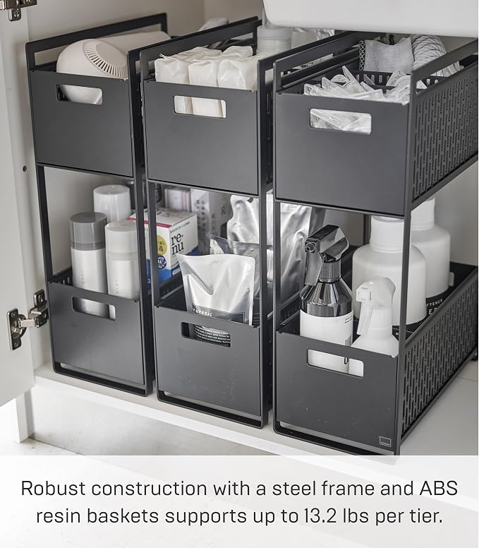 YAMAZAKI Home 2-Tier Storage Basket, Under-Sink Storage, ABS Plastic, Black | Two-tier sliding baskets organizer rack designed for pantry or under-sink storage. Sturdy organization. - Image 5