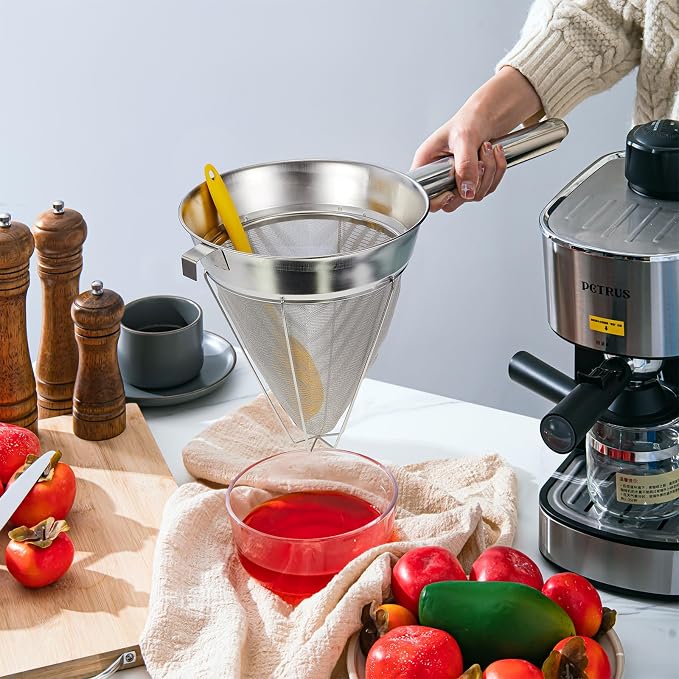 SiliFine 8"Chinois Fine Mesh Strainer Set with Handle and Rubber Pestle | Stainless Steel Reinforced Bouillon Sieve Strainer China Cap Cone Sieve for Sauces, Soups, Broth, Stock, Kitchen Food Cooking - Image 4