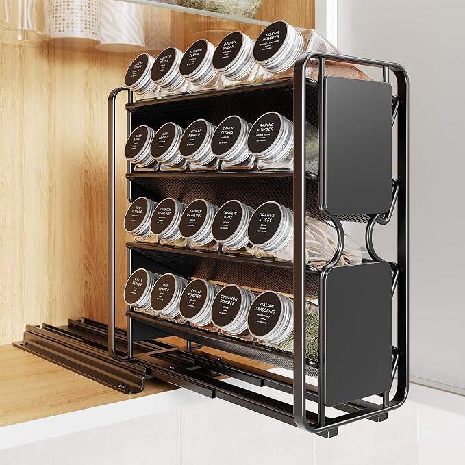 Spice Rack Organizer Drawer Cabinet: Pull Out Spice Seasoning Organization with 20 Jars - Facing Left or Right with Labels and Chalk Maker 4 Tier Slide Out Kitchen Storage for Countertop Wall Mount by LIVOD