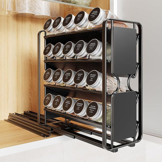 Spice Rack Organizer Drawer Cabinet: Pull Out Spice Seasoning Organization with 20 Jars - Facing Left or Right with Labels and Chalk Maker 4 Tier Slide Out Kitchen Storage for Countertop Wall Mount by LIVOD