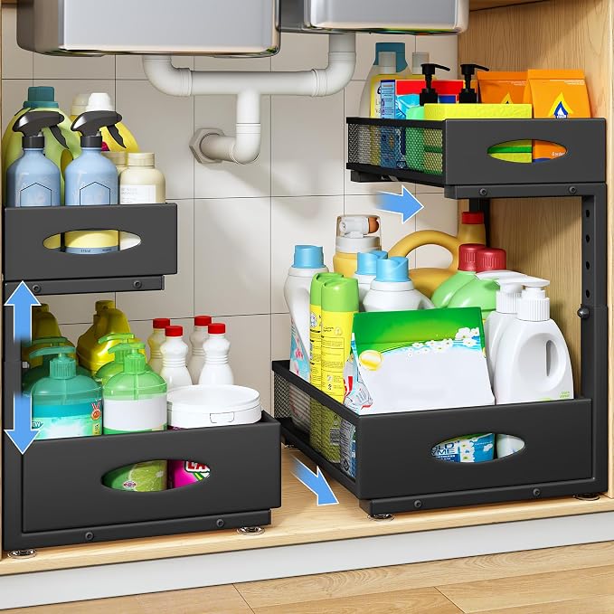 Under Sink Organizer, 2 Pack 2 Tier Pull Out Under Cabinet Organizer Shelf with Pad for Framed Cabinets, Metal Slide Out Under Sink Storage, Mesh Sliding Drawers for Kitchen Bathroom Laundry, Black by PXRACK