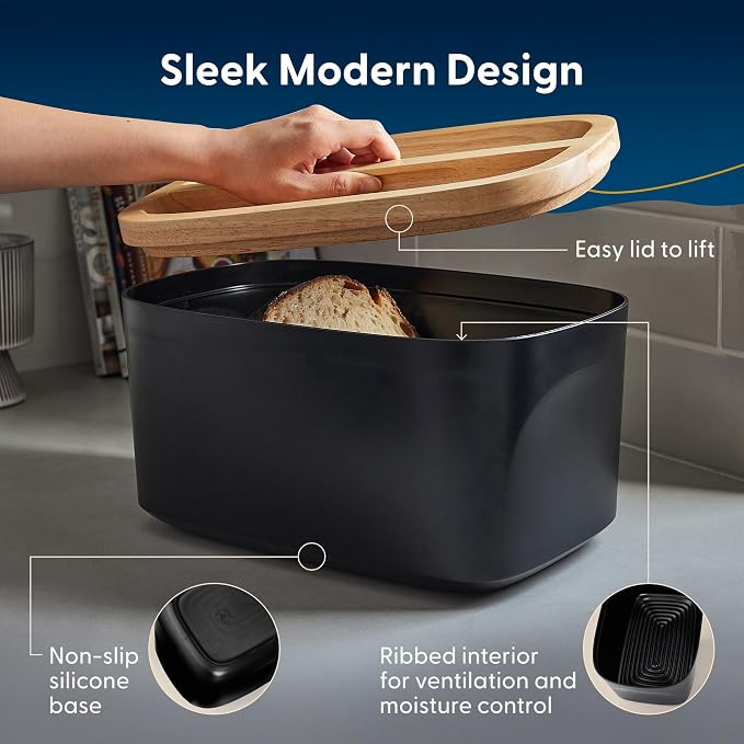 Sonder LA Union Bread Box with Wood Lid (Black) Large 14.25x9.25x7 in | Bamboo Fiber & Recycled Plastic Body with Reversible Bread Board Lid, Kitchen Countertop Use, Larger Than It Appears, 4 lbs - Image 3