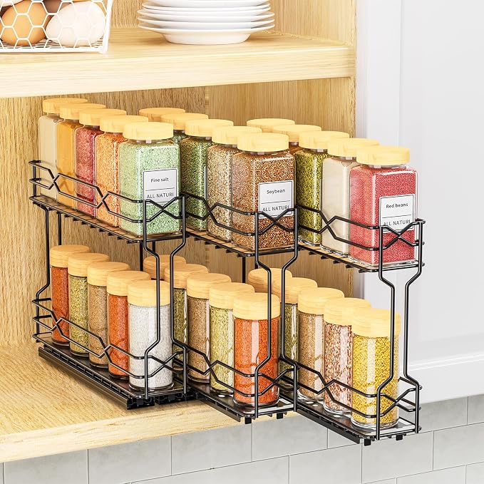 RCHYFEED 3 Pack Pull Out Spice Rack Organizer for Cabinet,2.1 Wx10.5 Dx8 H | Chrome,2 Tier Heavy Duty Cabinet Spice Organizer,Tape or Screw Mount Available Perfect for Cabinet & Pantry,Jars Not Included by RCHYFEED