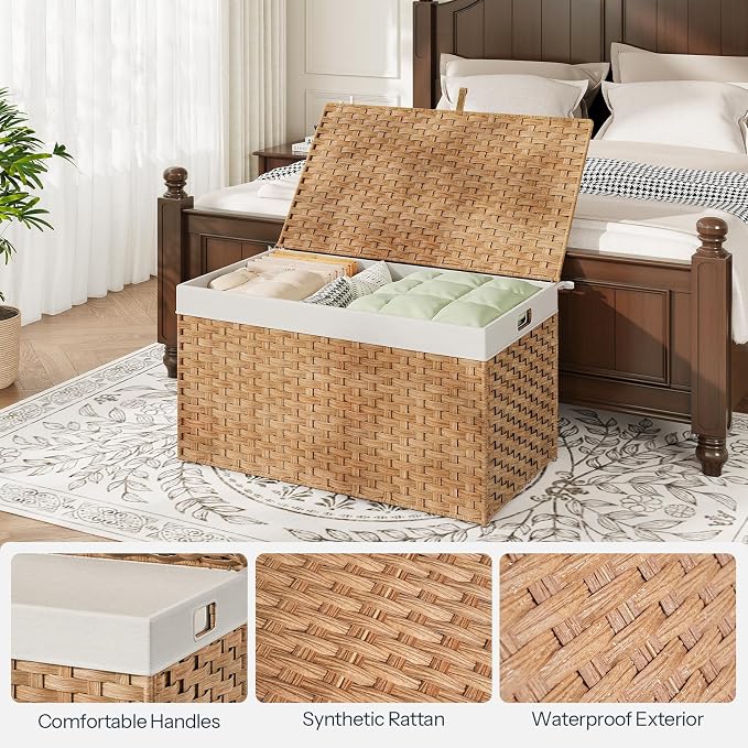 HOOBRO Storage Basket with Lid, 42.3 Gallon (160L) Wicker Basket, Handwoven Blanket Storage Basket with Handles, Metal Frame and Soft Lining, Foldable for Bedroom, Laundry Room, Natural NL216CW01 - Image 7