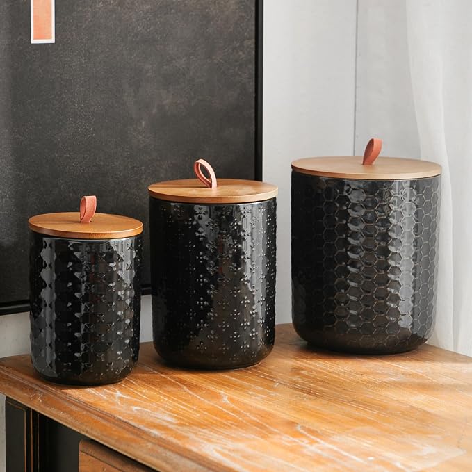 JOJUNO Black Ceramic Canister Set with Wooden Lids – 3-Piece Airtight Food Storage Jars for Kitchen, Embossed Design, Small/Medium/Large Sizes (30/48/82 oz) – Flour, Sugar, Coffee, Tea Containers - Image 6