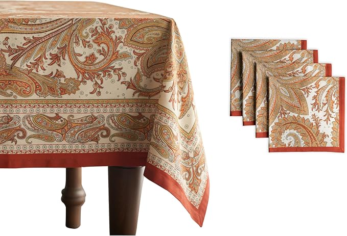 Maison d' Hermine Kashmir Paisley - Bundle Set 100% Cotton Tablecloth (60 Inch by 60 Inch) and Set of 4 Napkins (20 Inch by 20 Inch) by MaisondHermine
