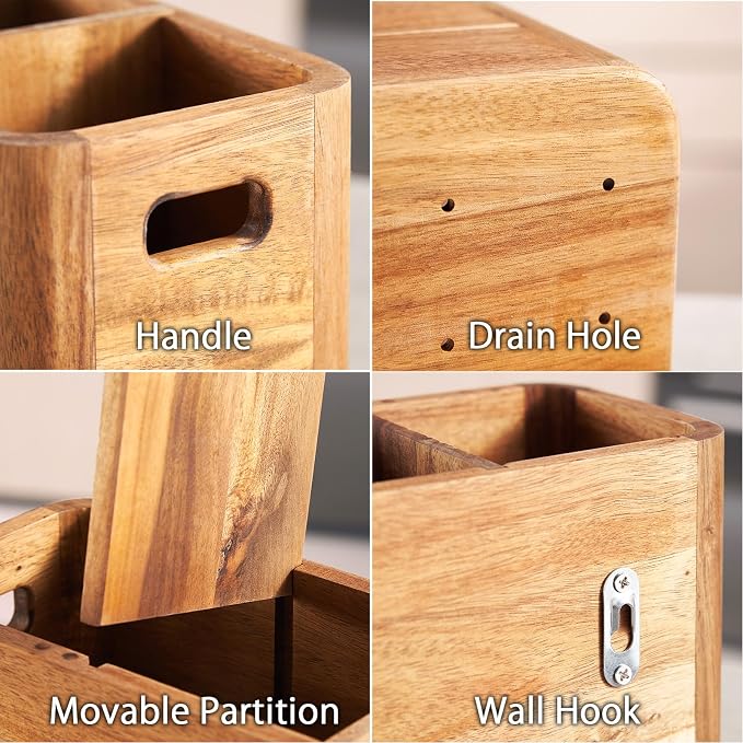 16" Wooden Kitchen Utensil Holder, Extra Large Acacia Wood Organizer for Cooking Tools, Utensils & Cutlery Storage – 4-Compartment Countertop Holder - Image 5