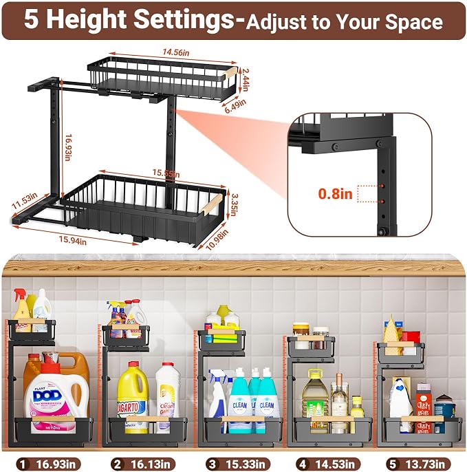 4 Pack L-Shape Under Sink Organizer, 2 Tier Pull Out Cabinet Organizer with 5-Level Adjustable Height, Double Sliding Metal Storage Rack for Kitchen Bathroom Pantry, Black - Image 2