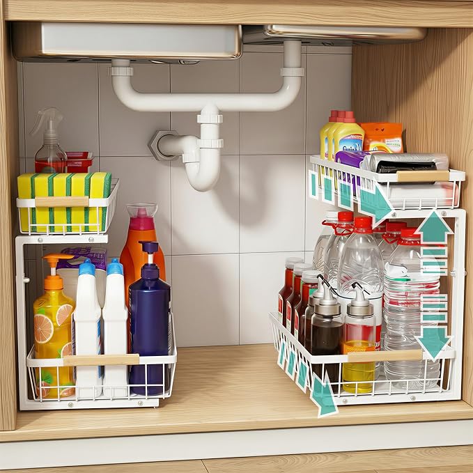 Under Sink Organizer 2 Pack, 2 Tier Pull Out Cabinet Organizers and Storage for Kitchen Bathroom Pantry Laundry, Adjustable Height, Slide Out Thickened Metal Storage Shelf (White, 2 Pack) by Unknown