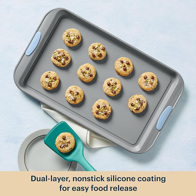 Pyrex 3-Piece Metal Cookie & Muffin Sheet Bakeware Set, Cerulean | Lightweight stainless steel baking trays with heatsafe silicone handles, made without PFAS, mercury, lead, cadmium & BPA - Image 5
