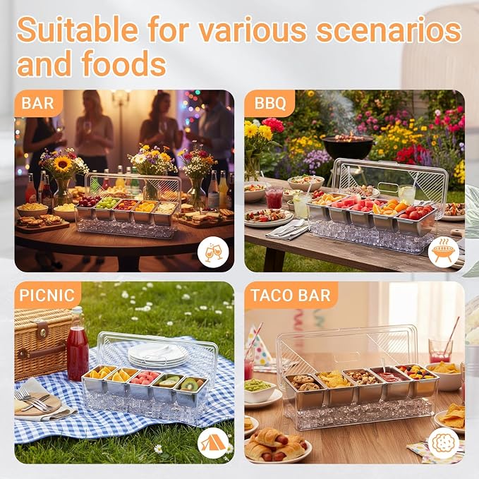 Large Ice Chilled Condiment Server Caddy with 5 Stainless Steel Removable Compartments, Clear Plastic Garnish Tray with Lid, 5 Forks and 2 Tongs, Fruit, Salad, Taco, Bar Platter for Party Bar Supplies - Image 6