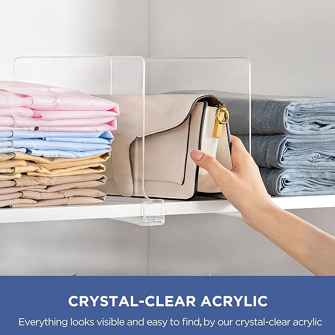 HBlife    [  ] Clear Shelf Dividers, 2 Pack Purse Organizer for Closet Perfect for Sweater, Shirts, Handbags, Acrylic Bookshelf for Organization - Image 6
