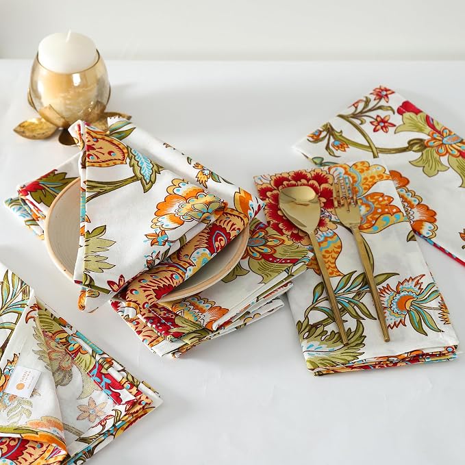 Cotton Cloth Napkins Natural Reusable Fall Dinner Napkins Reusable Machine Washable Fabric for Events, Gift, Home Decor - Kaveri, 20x20 Inches (Pack of 12) by TARANLIVING