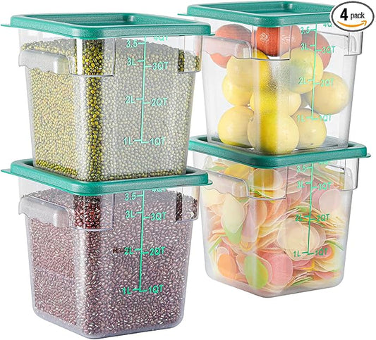 4 Pack 4 QT Food Storage Containers with Green Lids Hot Cold Resistant Stackable Square Commercial Container Set with Handle, Clear Scarle Home Party Business BPA-Free Polycarbonate by EGGKITPO