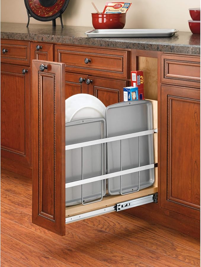 Rev-A-Shelf Pullout Bakeware Organizer w/Soft-Close, Min Opening 8.5" Wide | Wooden Storage Organization w/ Ball Bearing Slides, Full Height Base Kitchen Cabinets, Foil Wrap/Tray Divider, 447-BCBBSC-8C - Image 2