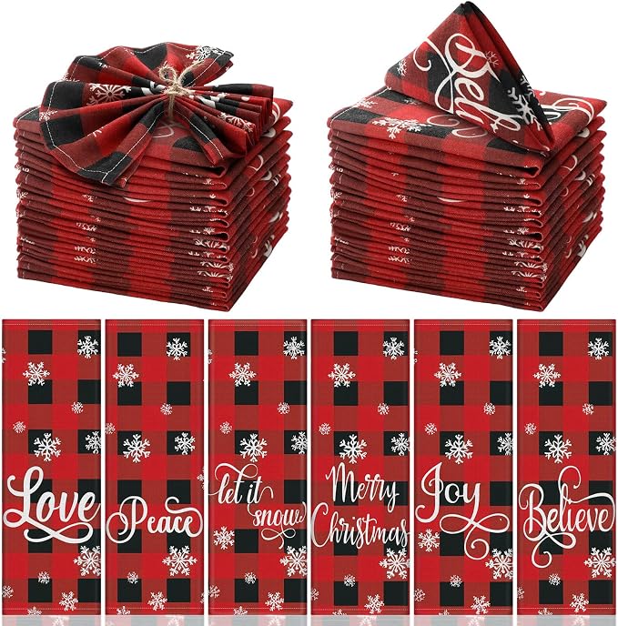 Funnymoom 24 Pcs Christmas Plaid Cloth Napkins Buffalo Gingham 15 x 15 Inches Snowflakes Black and Red Checked Cotton Dinner Napkins Soft Absorbent Washable for Holiday Winter Xmas Party by Funnymoom