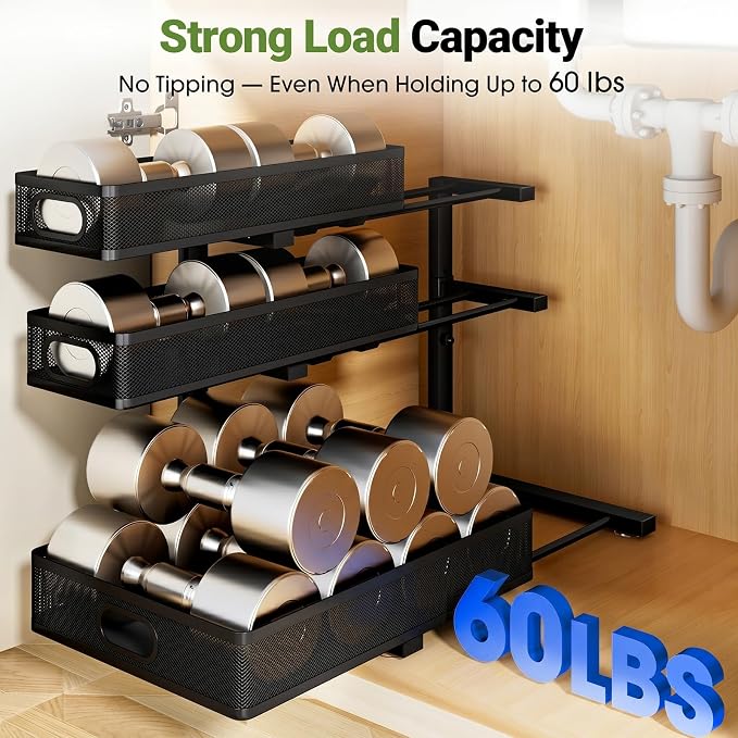 Under Sink Organizer 3 Tier, 2 Pack L-Shaped Pull-Out Cabinet Organizer with Sliding Metal Mesh Drawers, Height Adjustable Under Sink Storage Rack for Kitchen Bathroom Cabinet, Black - Image 6