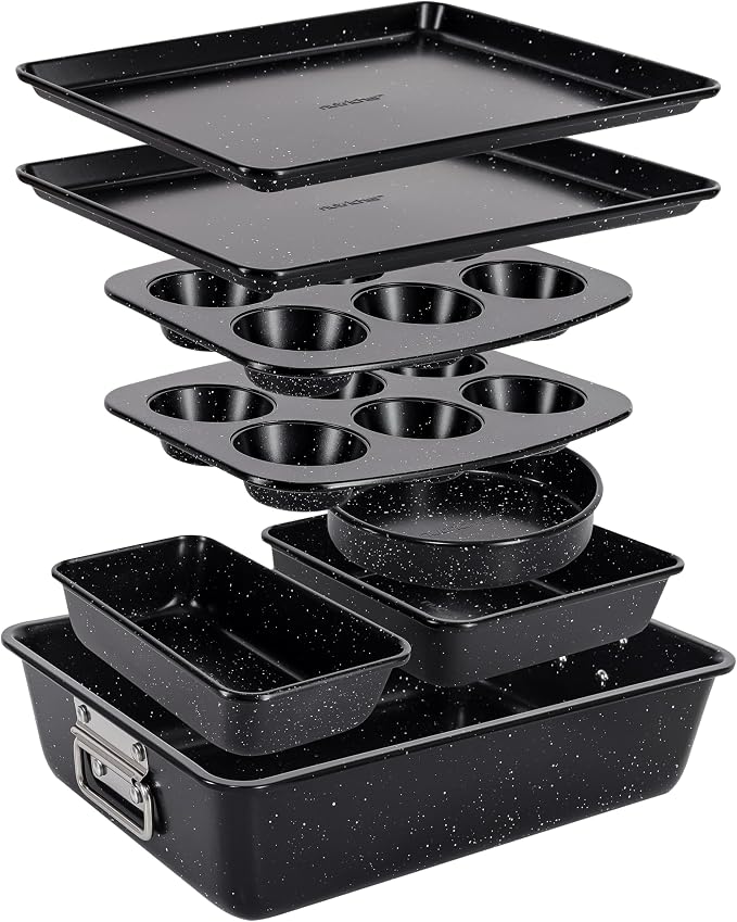 NutriChef 8-Piece Stackable Bakeware Set - Carbon Steel Non-Stick Baking Pan Set, Sheet, Muffin, Round, Loaf, Square Cake & Deep Pans, 450°F Heat Resistant, Standard & Convection Ovens (Black Marble) by NutriChef%E2%84%A2Kitchen