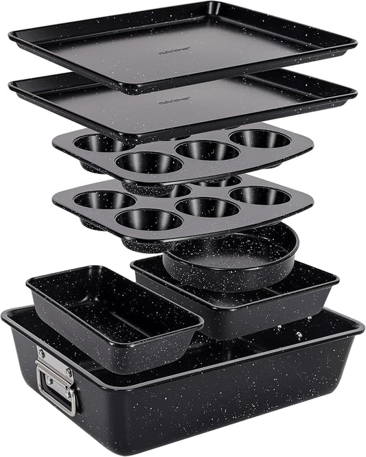 NutriChef 8-Piece Stackable Bakeware Set - Carbon Steel Non-Stick Baking Pan Set, Sheet, Muffin, Round, Loaf, Square Cake & Deep Pans, 450°F Heat Resistant, Standard & Convection Ovens (Black Marble) by NutriChef%E2%84%A2Kitchen
