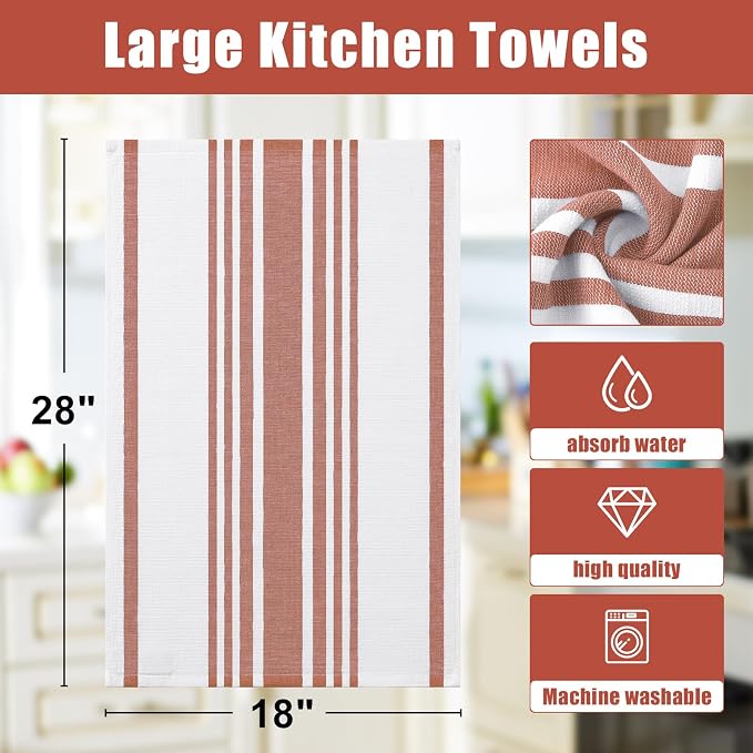 Homaxy Premium Cotton Stripe Kitchen Towels 3 Pack, 18"x 28", Rust | Large 380 GSM Kitchen Hand Towels, Soft Terry Dish Towels, Highly Absorbent Tea Towel Set with Hanging Loop - Image 8