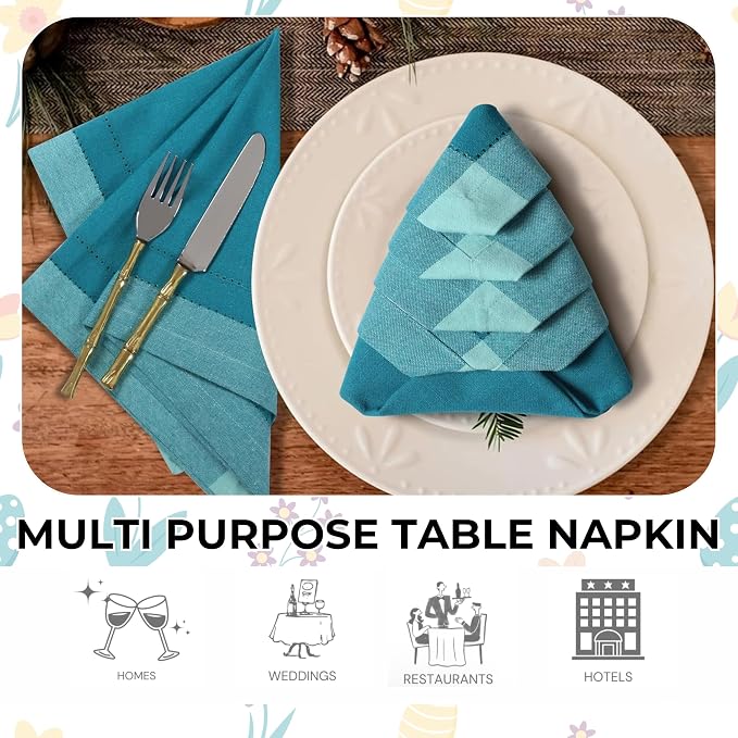 Bedding Craft Cotton Cloth Dinner Napkins Set of 12 – 20x20 Teal Multi Double Hemstitched – Machine Washable Reusable Fabric Napkins for Weddings & Dinner Tables - Image 6