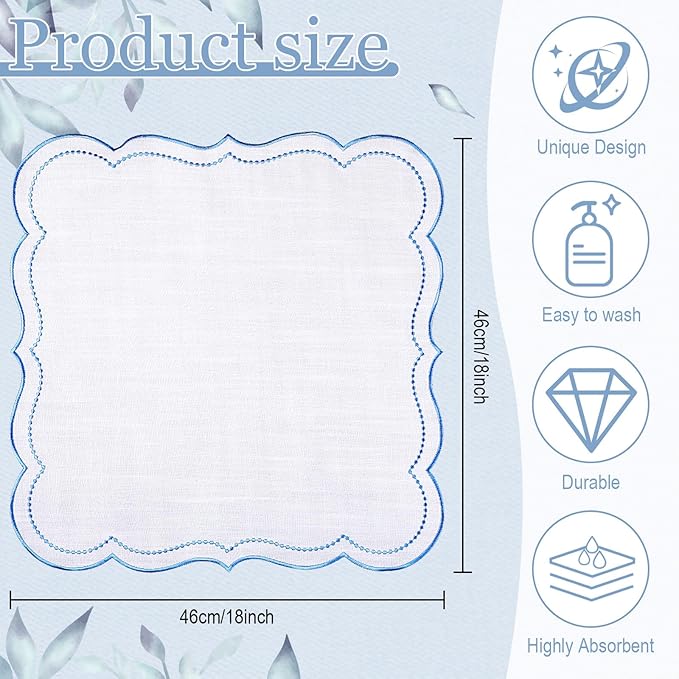 Hahafelt 12 Set Cloth Napkins 18x18inches Scalloped Embroidery Cloth Napkins Washable Polyester Table Dinner for Hotel Restaurant Weddings Events Parties (Blue) - Image 2