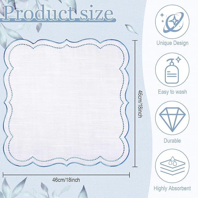 Hahafelt 12 Set Cloth Napkins 18x18inches Scalloped Embroidery Cloth Napkins Washable Polyester Table Dinner for Hotel Restaurant Weddings Events Parties (Blue) - Image 2