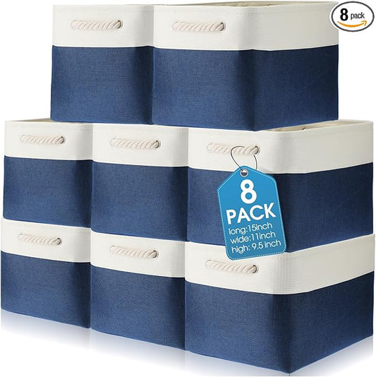 meekoo 8 Pack Collapsible Storage Bins Fabric Storage Bins Polyester Fabric Baskets with Handles Linen Closet Organizer for Shelf Home Closet Towels Toys(15 x 11 x 9.5 in,Blue White) by meekoo