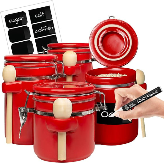 Home Intuition Smell Proof 4-Piece Ceramic Kitchen Canisters Set, Airtight Containers with Wooden Spoons Reusable Chalk Labels and Marker for Sugar, Coffee, Flour, Tea (Red) by HomeIntuition