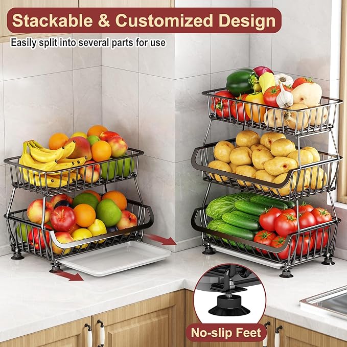 3-Tier Rolling Pantry Cart with Wheels, Stackable Wire Storage Floor Organizer for Kitchen Pantry Snack Shelves, Fruit Basket Stand, Vegetable Storage Rack for Food Snacks Onion Potato - Image 7