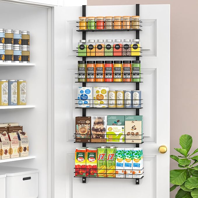6-Tier Over The Door Spice Rack, Large-Capacity Adjustable Hanging Pantry Organizer 3 Size Baskets, No-Sway No-Drill Door Mount, Heavy-Duty Rustproof Steel, 15.75″ Wide, Black by Unknown