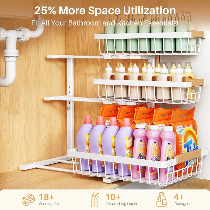 PXRACK Under Sink Organizer, 2-Pack 3-Tier Height Adjustable Thickened Metal Pull out Cabinet Organizer Shelf, Slide out Storage Drawer Rack for Bathroom Kitchen Pantry Home Organization, White - Image 4