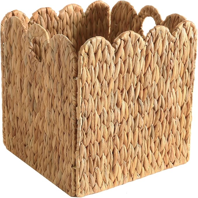 Scalloped Wicker Storage Cubes Basket, 12”x12“ Heavy Duty Paper rope/Hyacinth/Seagrass Baskets for Shelves, Foldable Natural Boho Square Bins (Water Hyacinth&12 x 12 x 12in&4-Pack) - Image 7