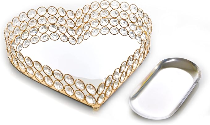 Heart Shaped Decorative Tray Metal Crystal Vanity Trays Glass Mirror Perfume Organiser Makeup Jewelry Trinket Holder for Party & Holiday Home Decoration (Heart, 11in, Gold) by Lindlemann