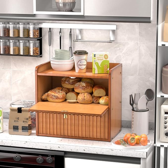Bread Box for Kitchen Countertop, Large Bread Storage Container for Homemade Bread, Double Layer Farmhouse Breadbox Organizer, Vintage Bamboo Wooden Bread Holder Bin, Vintage - Image 3