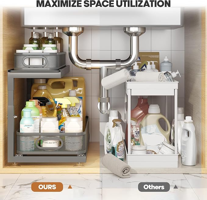 2-Pack 21.3 IN Depth Under Sink Organizer With Next-Gen Ball-Bearing Slides,Sophisticated Mesh 2-Tier Pull Out Shelf for Kitchen & Bathroom,Fits Small Items-Gun Gray - Image 5