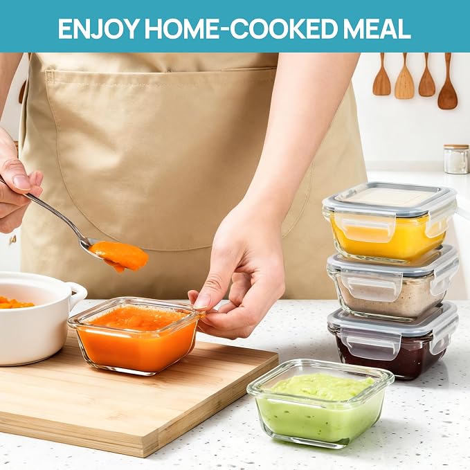 Vtopmart 5Pack 5oz Small Glass Storage Containers Set With Lids, Grey | Glass Meal Prep Food and Sauce Container Sets with Snap Airtight Lid for Microwave, Oven, Freezer and Dishwasher, BPA Free - Image 4