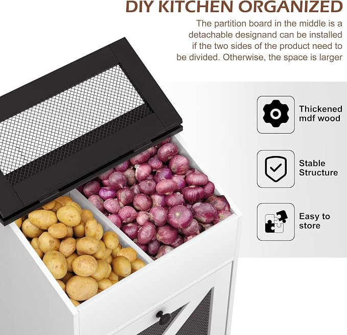 Wooden Potato and Onion Storage Bin w/Lid, Large Capacity and Ventilated Design, Ideal for Pantry, Kitchen White - Image 3