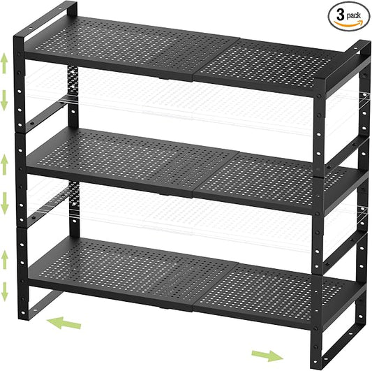 Jojocross Expandable Stackable Aadjustable Shoe Rack Pantry Shelf for Kitchen Cabinets Counter Shelves Countertop Cupboard Storage Solution,Sturdy Heavy-Duty Metal Construction(3Packs/Black/Large) by JOJOCROSSHIGHQUALITYLIFE