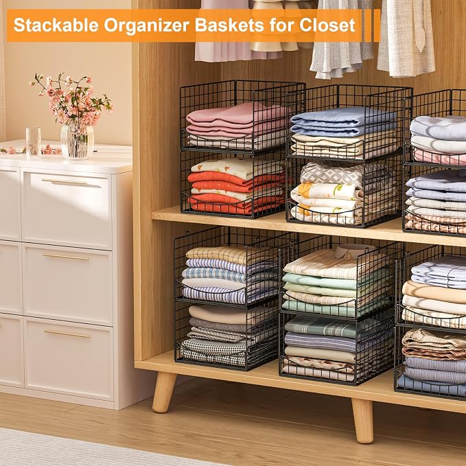 Hongtamoya 4-Tier Stackable Closet Organizers and Storage Shelves, Clothes Storage Basket, Clothes Shelf Organizer Sweater Organizer Bins Container for Wardrobe Kitchen Bathroom Office, Black - Image 5