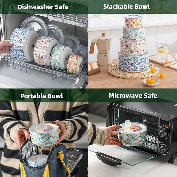 Ceramic Nesting Bowl Set with Lids, Microwave Safe, Set of 4 | Mixing Bowls & Food Storage Containers for Kitchen Prep & Serving (50/32/20/10 oz) - Image 3