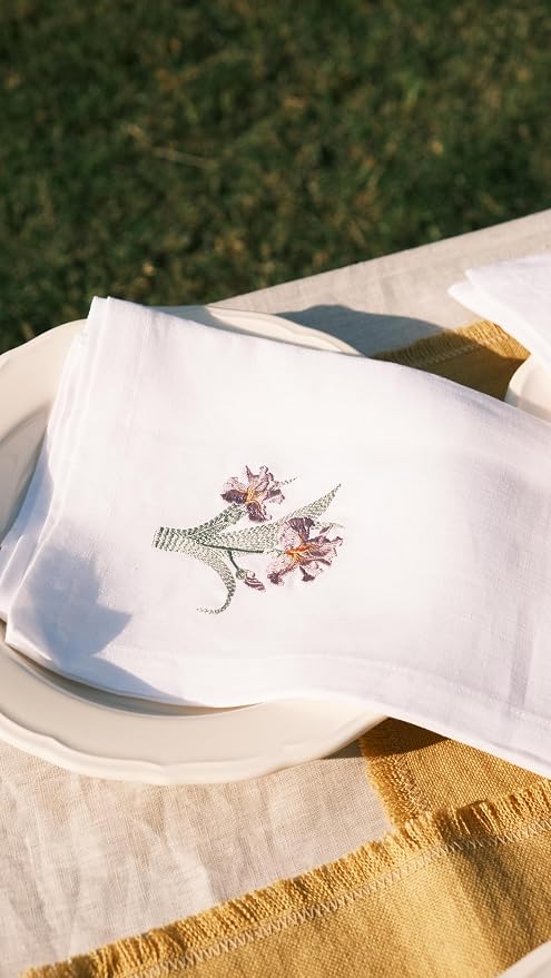 White Linen Napkins Set of 4-100% Pure Linen Embroidered Dinner Napkins 19 x 19 Inch for Spring, Summer Memorial Day - Botanical Embroidery (Lily Garden Collection) (Iris Garden Collection) - Image 2