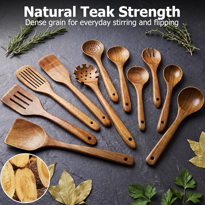 Wooden Spoons for Cooking, 11-Piece Acacia Wood Kitchen Utensil Set, Nonstick Safe Wooden Spatulas and Spoons, Heat Resistant Cooking Utensils for Everyday Meals (A11) - Image 2