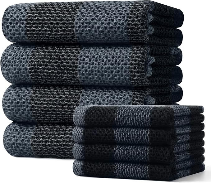 Homaxy Kitchen Towels and Dishcloths Set, Set of 8, Black & Grey | Bulk Cotton Waffle Weave Check Plaid Kitchen Towels, Super Soft and Absorbent Dish Cloths, 12 x 12 and 20 x 28 Inches by Homaxy