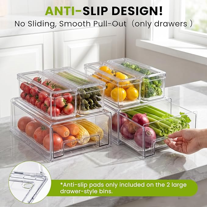 6Pack Fridge Organizers and Storage with Drain Trays,BPA-Free PET,Stackable | 2 Pull-Out Organizers & 4 Containers with Drain Trays For Fruit, Vegetable, Drink, Snack Food Storage - Image 4