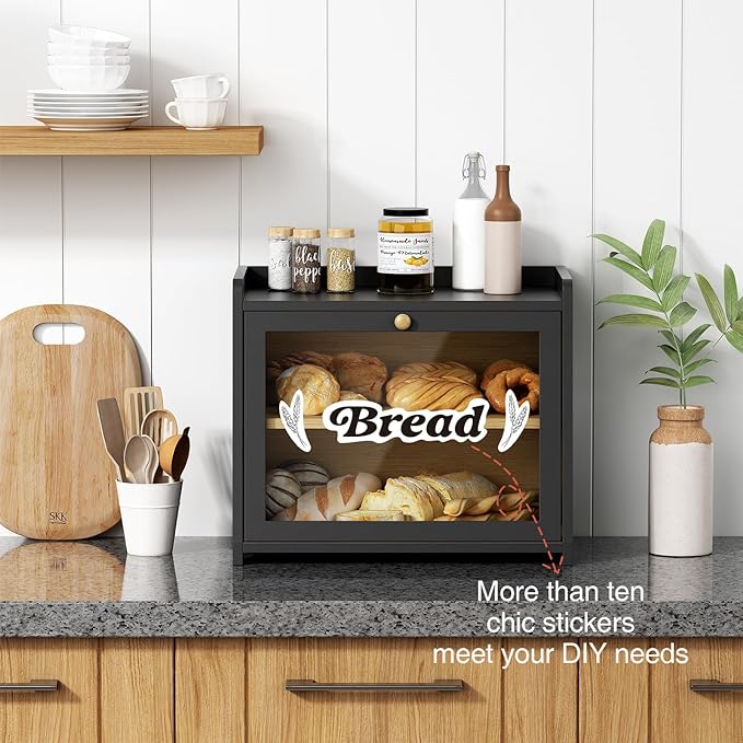 Goozii 2 Tier Bread Box for Kitchen Countertop Black, Double Layer Breadbox for Counter Top, Large Wood Vintage Bread Storage Container for Homemade Bread, Corner, Under Cabinet, Pantry - Image 4