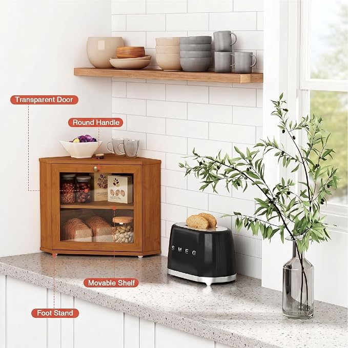 Goozii Walnut Brown Corner Bread Box for Kitchen Countertop, Double Layer Breadbox for Homemade Sourdough Bread, Dark Wooden Vintage Kitchen Counter Cabinet for Baked Goods, Tea, Coffee Beans - Image 2