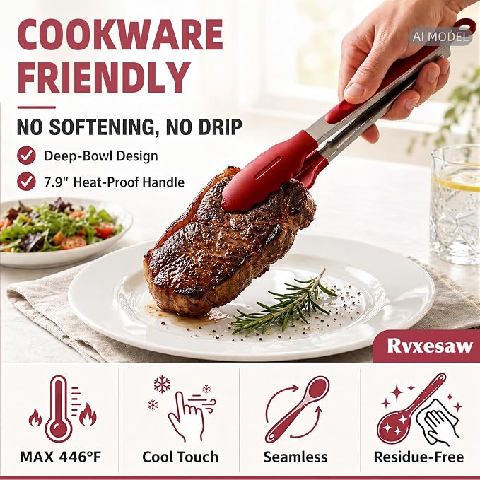 Kitchen Utensils Set,9 PCS Silicone Cooking Utensils Set Spatula Set,Cooking Utensils Tool,Tongs,Spoon,Whisk,Brush,Dishwasher Safe Kitchen Gadgets for Non-Stick Cookware,Home Essential(Red) - Image 6