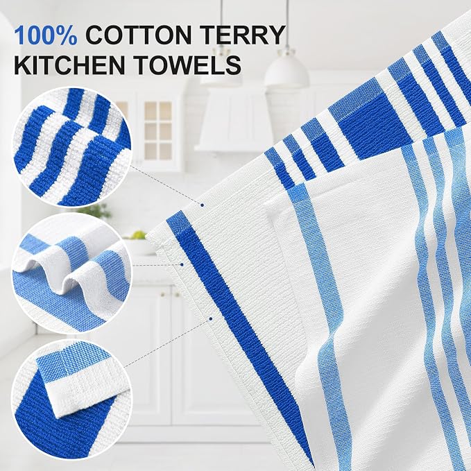 Homaxy Premium Cotton Stripe Kitchen Towels 6 Pack, 18"x 28", Blueberry | Large 380 GSM Kitchen Hand Towels, Soft Terry Dish Towels, Highly Absorbent Tea Towel Set with Hanging Loop - Image 2