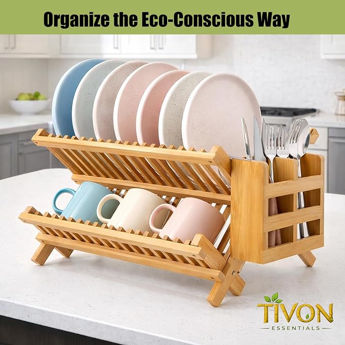 Bamboo Dish Drying Rack with Utensil Holder & Absorbent Dish Drying Mat|3Tier Collapsible Wooden Dish Rack for Kitchen Countertop|Large Foldable Dish Drainer|Kitchen Organizer for Plates Cups utensils - Image 6